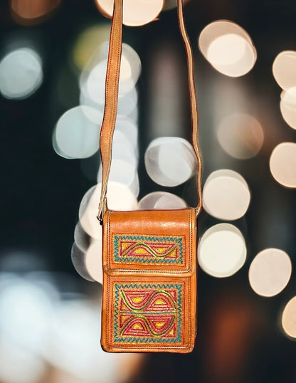 Camel Leather Handmade Ladies Sling Bag with Thread Embroidery