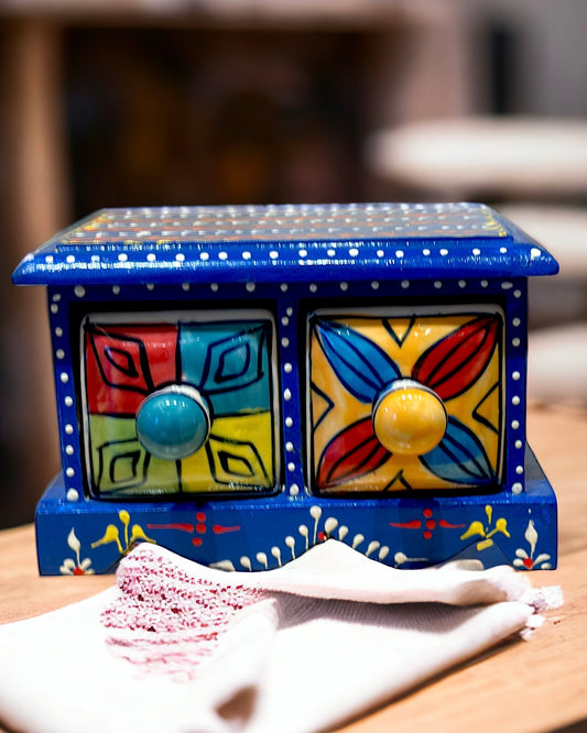 Blue Pottery and Wooden Handmade 2 Drawer Jewellery Box