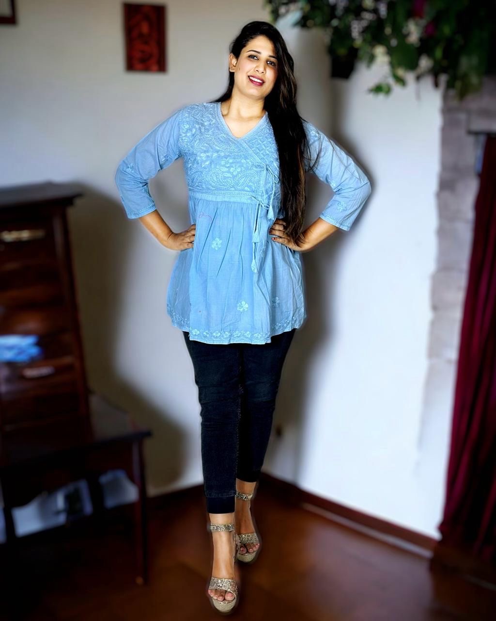 Chikankari Short Kurta (Top) - Blue with Blue Embroidery