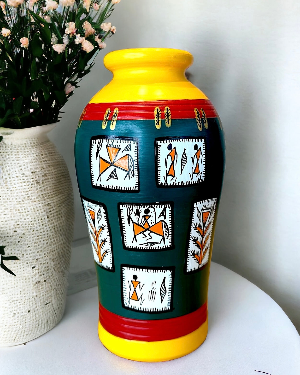 Handmade Terracotta Flower Vase Warli Painting - 8 inches