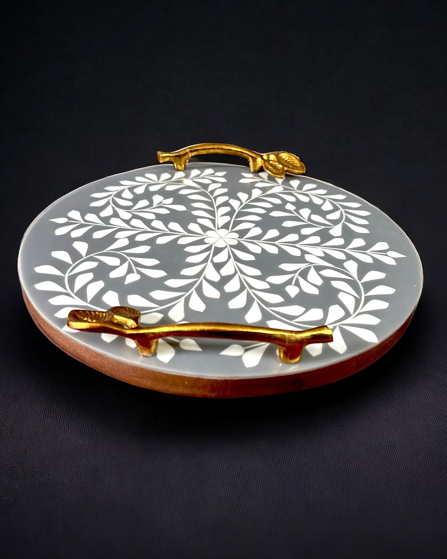 Handcrafted Round Bone Inlay Leaf Tray, Grey - 12 inches