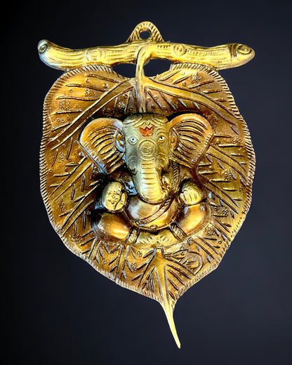 Brass Lord Ganesha Leaf Wall Hanging - 9 inches