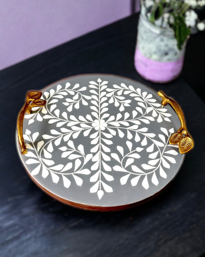 Handcrafted Round Bone Inlay Leaf Tray, Grey - 12 inches