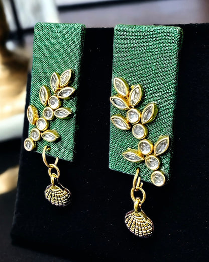 Rectangular Shaped Kundan Work Earrings Green Fabric