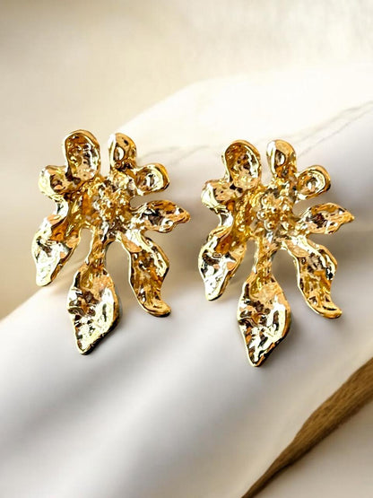 Gold-Toned Floral Statement Stud Earrings | Handmade Textured Metal Design | Elegant Fashion Jewellery