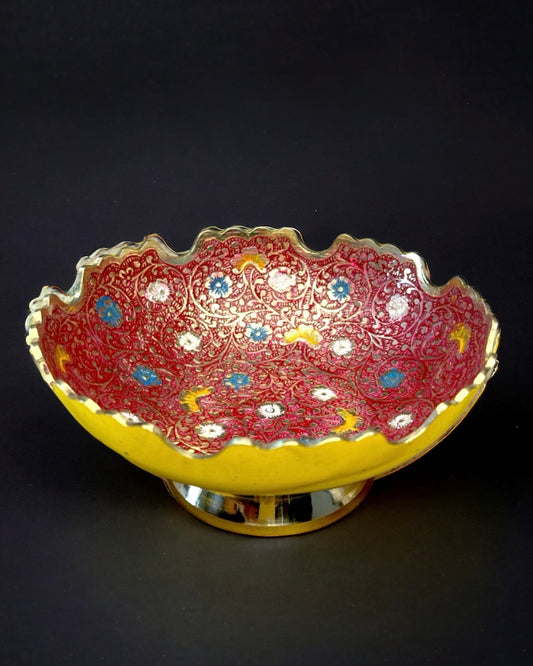 Brass Bowl with Cutwork and Meenakari Work, Red Colour - 8 inches