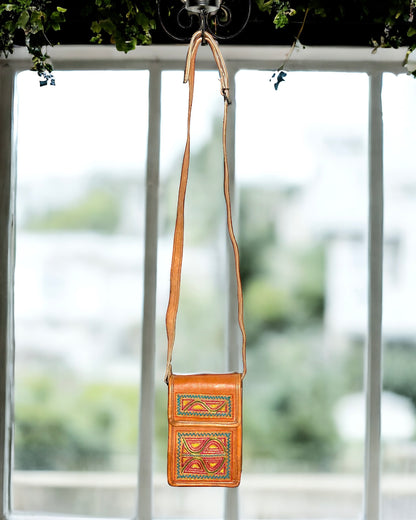 Camel Leather Handmade Ladies Sling Bag with Thread Embroidery