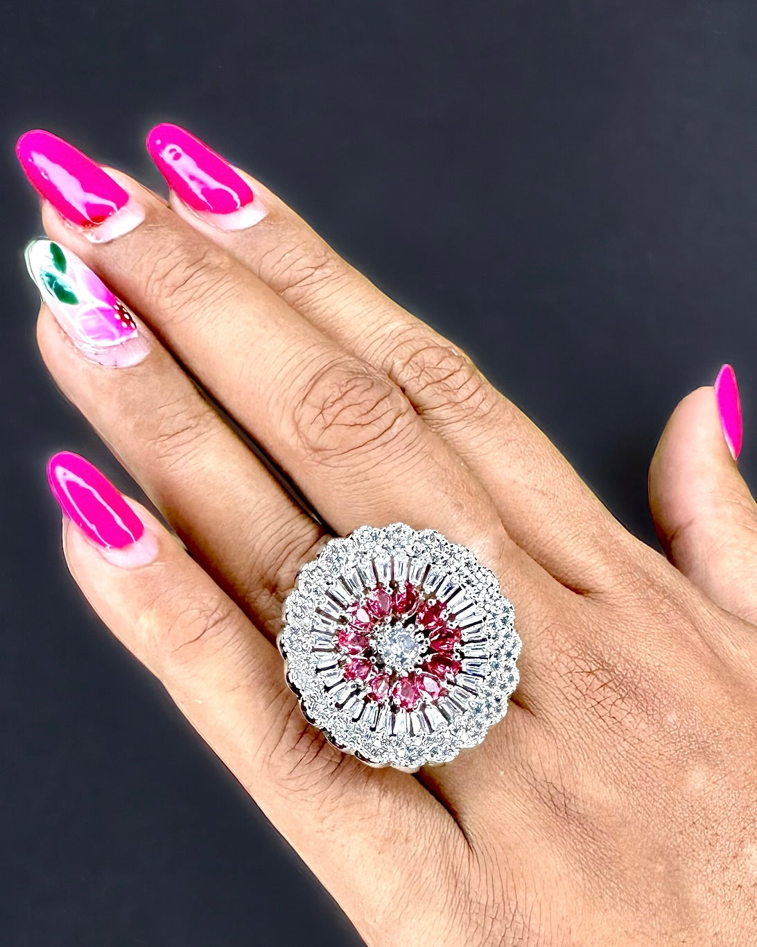 American Diamond Flower Shaped Ring with Pink Stones