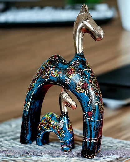 Artisanal - Camel and Calf Set. Hand-painted Wooden Base and Metal Body