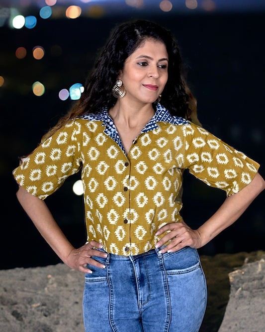 Handblock Printed Cotton Reversible Top - Yellow/ Blue