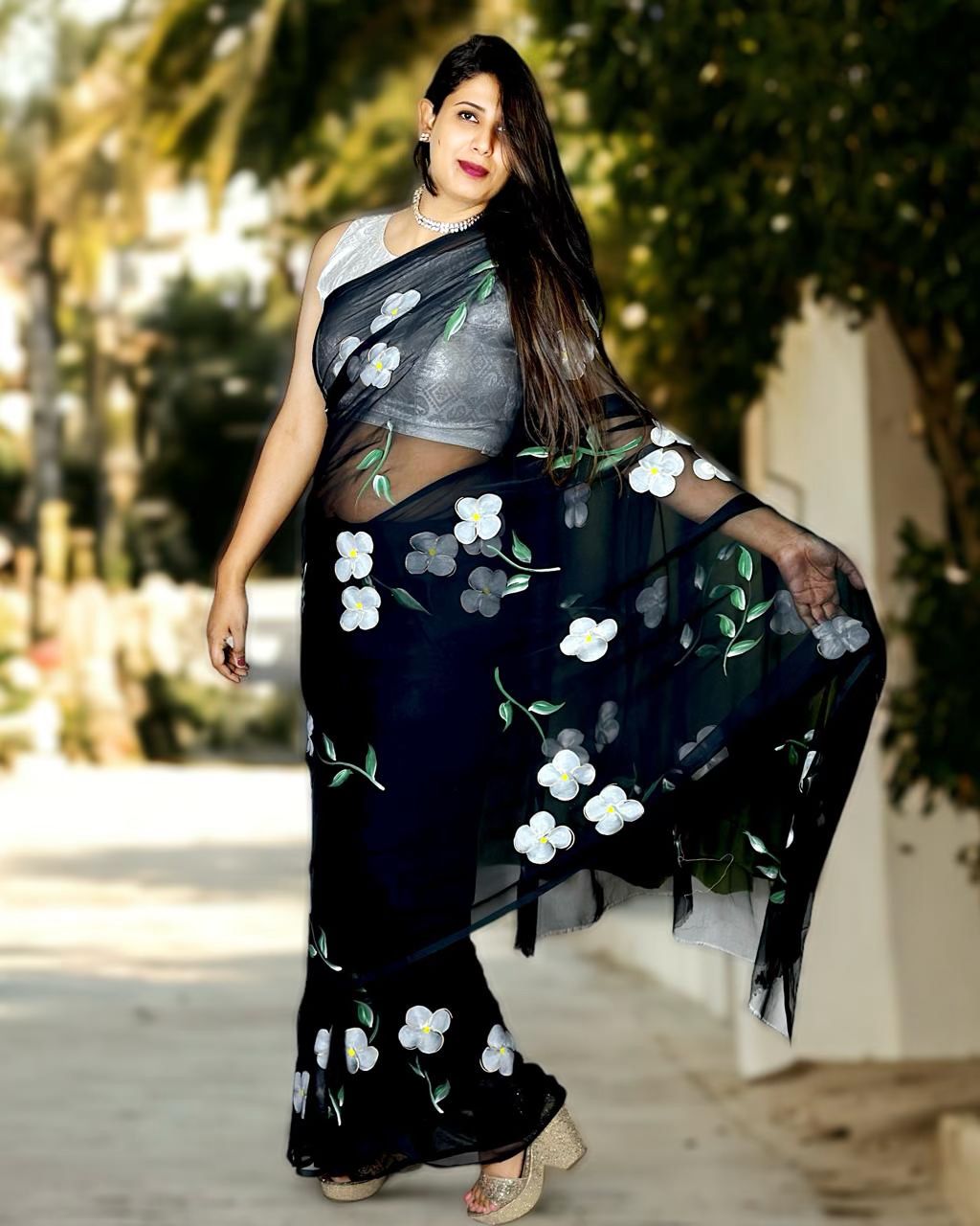 Hand Painted Chiffon Designer Saree - Black with White Flowers with Blouse Piece