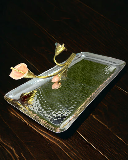 Rectangular Hammered Elegant Rose Bud Platter in Stainless Steel for Table Decor