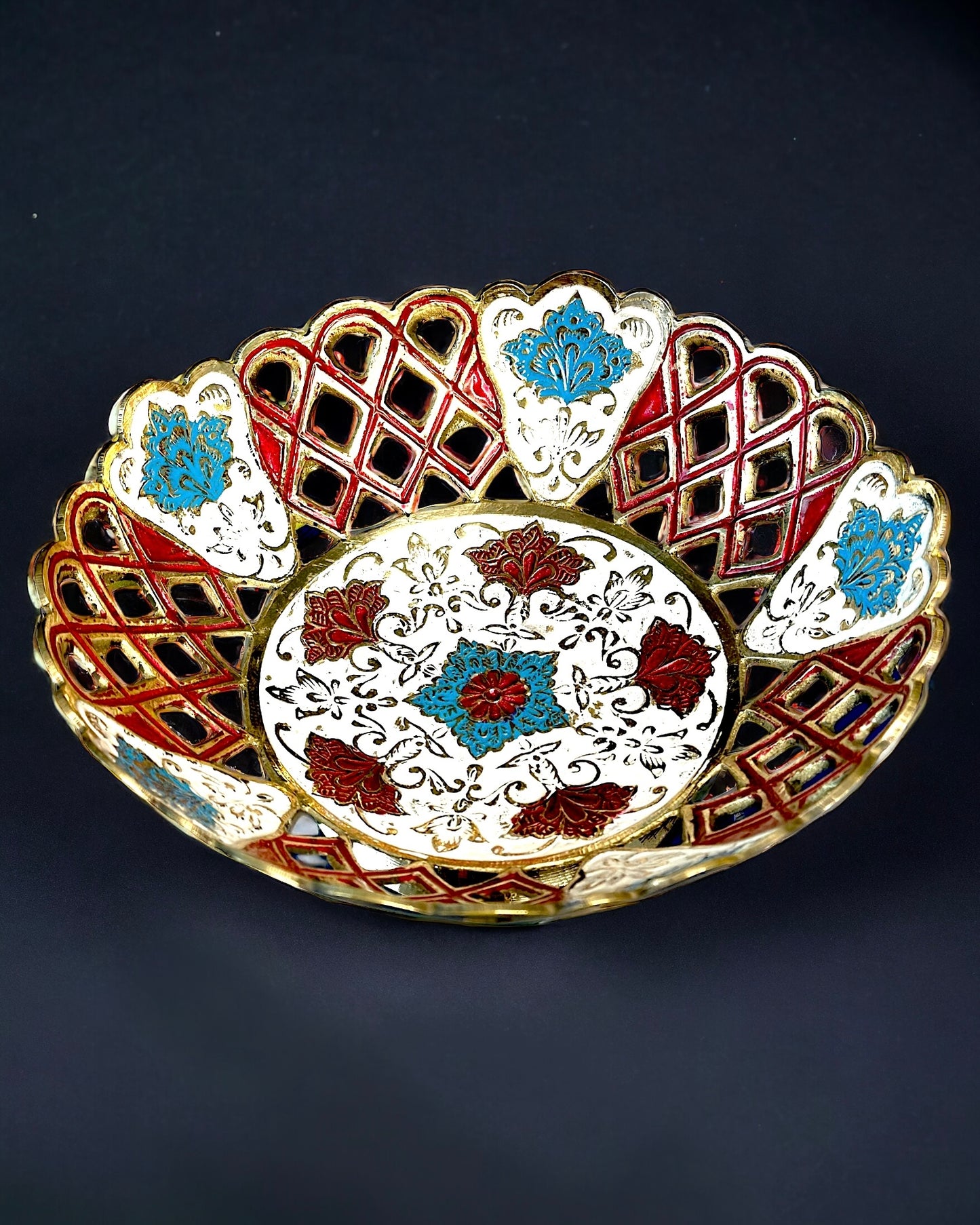 Brass Fruit Bowl with Cutwork and Meenakari - 8 inches