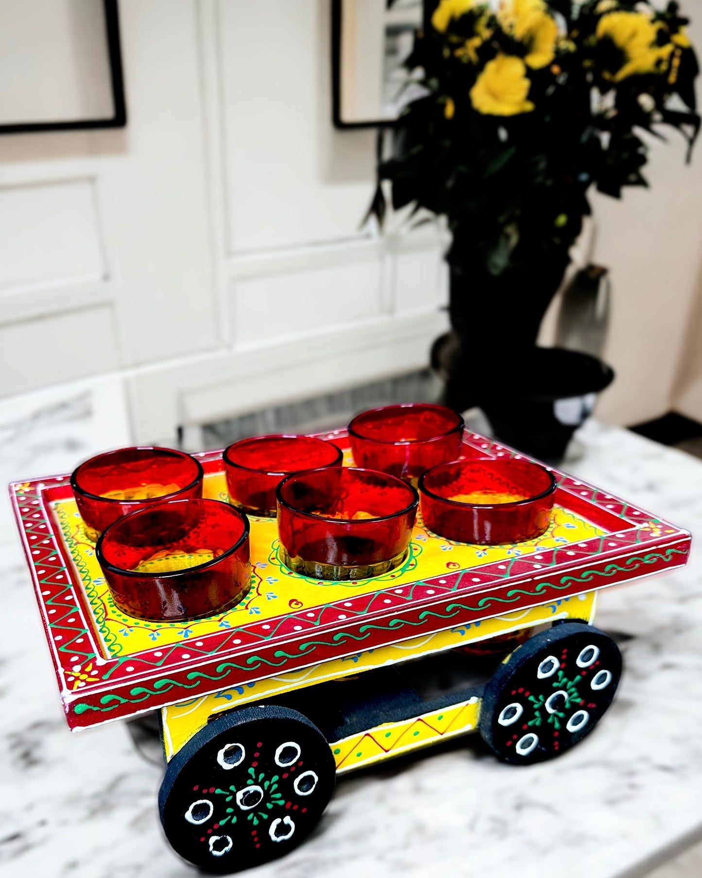 Handmade Cart with 6 Decorative Glasses