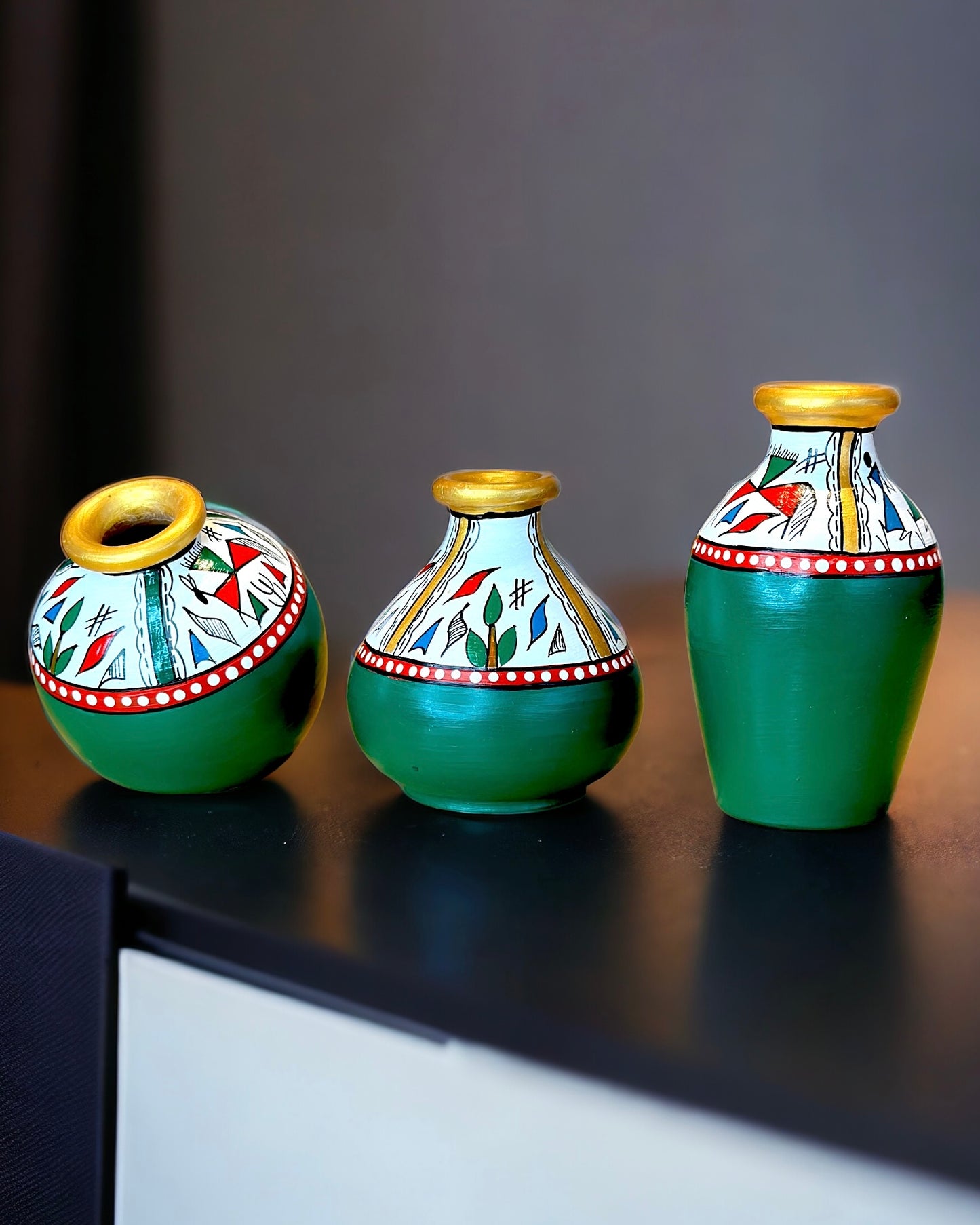 Handmade Terracotta Warli Painted Pot Set - 3 Pieces