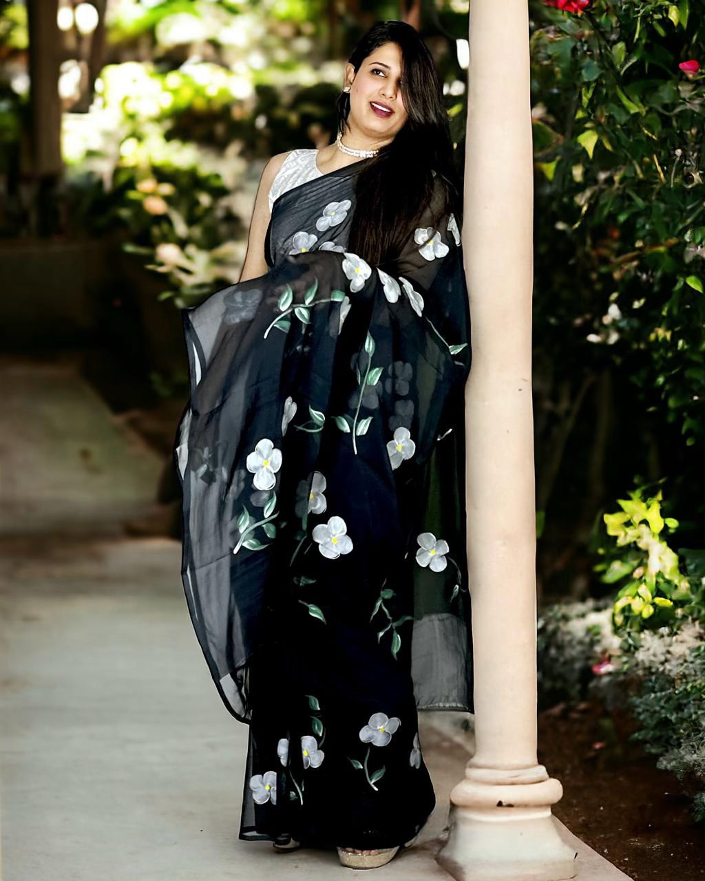 Hand Painted Chiffon Designer Saree - Black with White Flowers with Blouse Piece