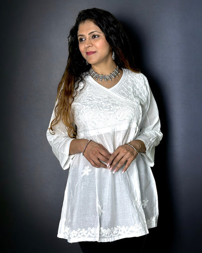 Chikankari Short Kurta (Top) - White with White Embroidery