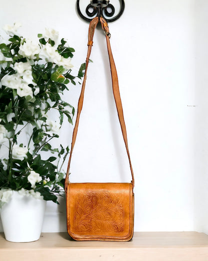 Camel Leather Handmade Sling Bag with Embossed Leaf Art