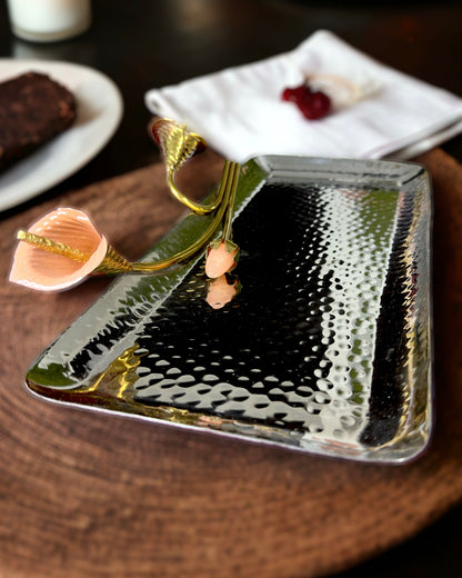 Rectangular Hammered Elegant Rose Bud Platter in Stainless Steel for Table Decor