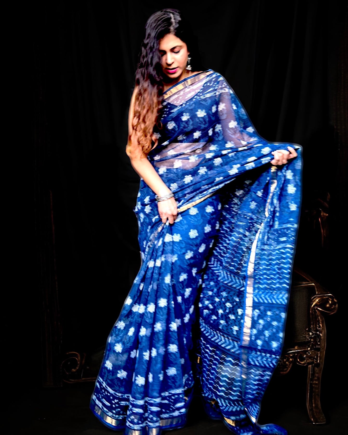 Handblock Kota Doria Saree in Indigo Blue