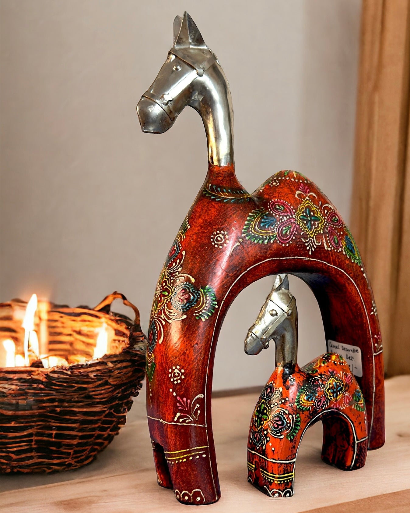 Artisanal - Camel and Calf Set. Hand-painted Wooden Base and Metal Body