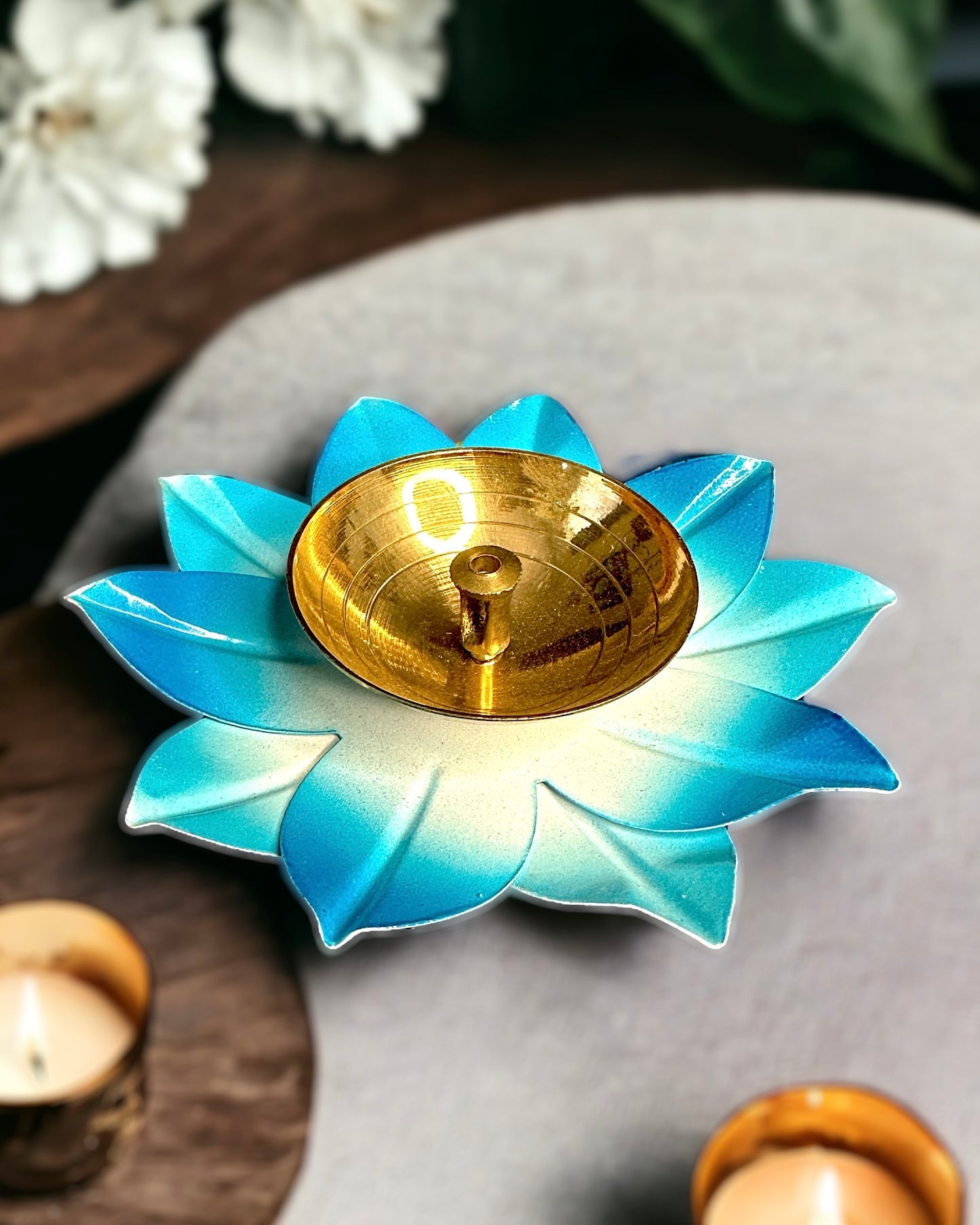 Brass Lotus Shaped Diya (Blue)