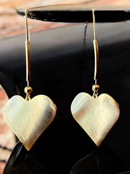 Gold-Plated Heart Drop Dangle Earrings | Brushed Metal Finish | Long Hook Design