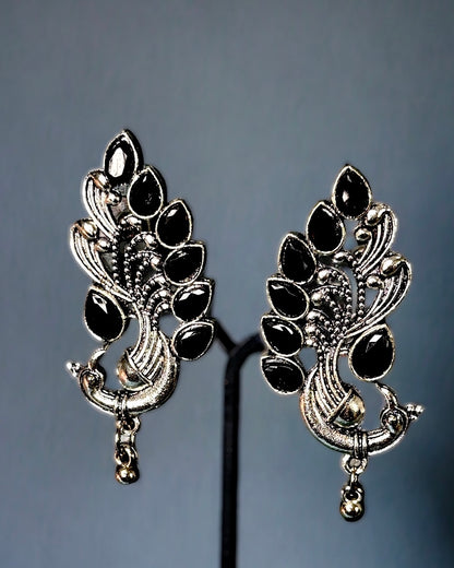 Oxidised Peacock Earrings with Black Stones