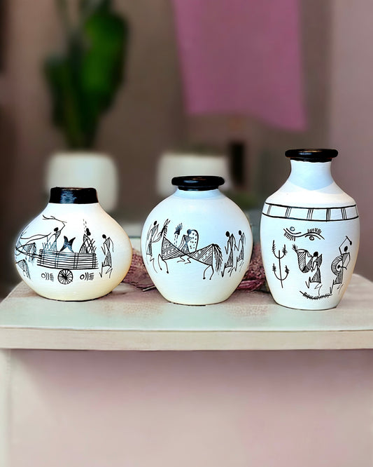 Handmade Terracota Warli Painted Pot Set - 3 Pieces