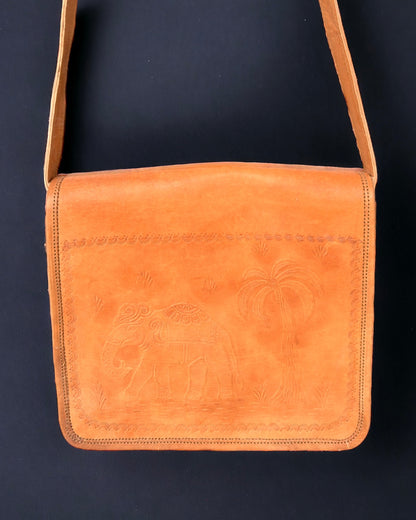 Camel Leather Handmade Tan Cross Body Sling  - Elephant and Coconut Tree Embossed