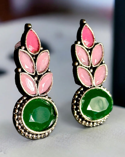 Oxidised Leaf Design Earrings - Green/ Light Pink Stones