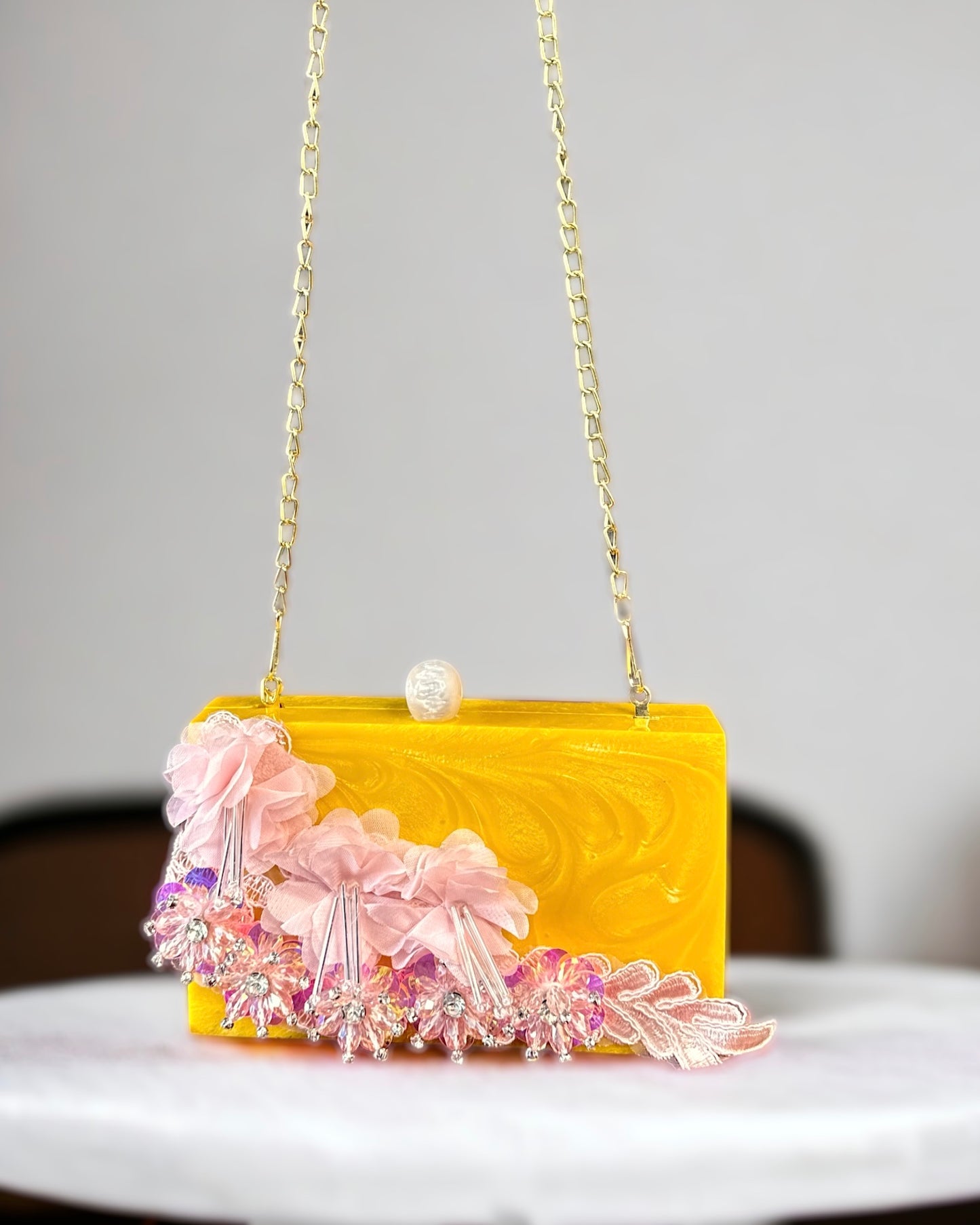 Handcrafted Flowers on Resin Clutch