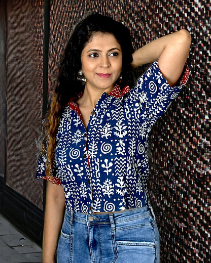 Handblock Printed Reversible Top - Blue/ Red
