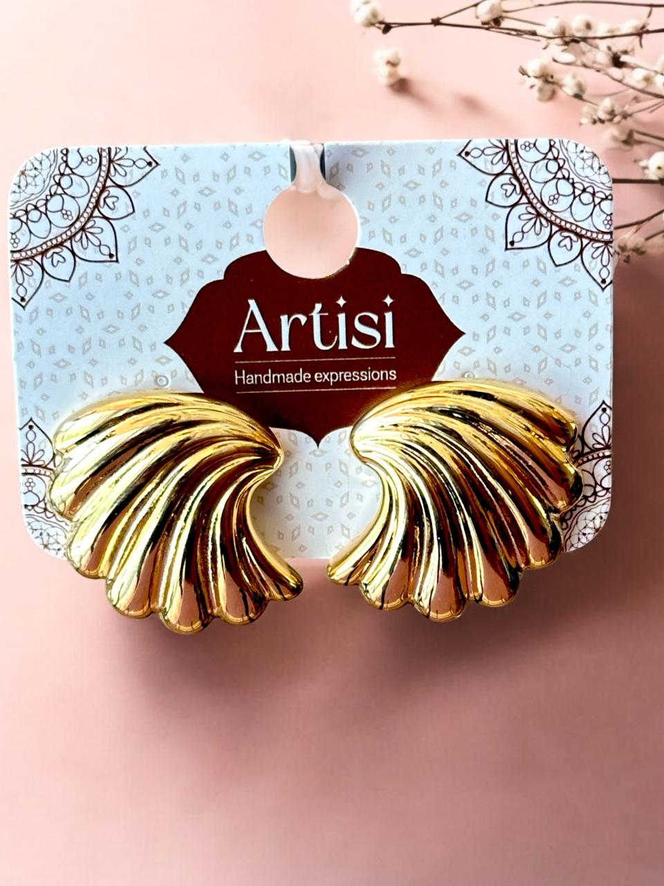 Gold-Toned Shell Design Statement Stud Earrings | Handmade Fashion Jewellery