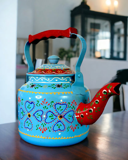 Artisanal Hand Painted Tea Kettle in Blue Colour (Stainless Steel)