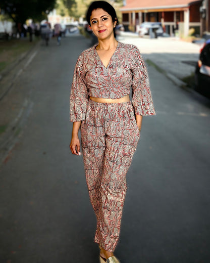 Artisanal Handblock, Crop Top Co-ord Set, Red Stripes and Leafy Print