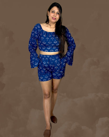 Artisanal Handblock Printed Co-ord Set (Shorts and Crop Top) in Indigo Blue