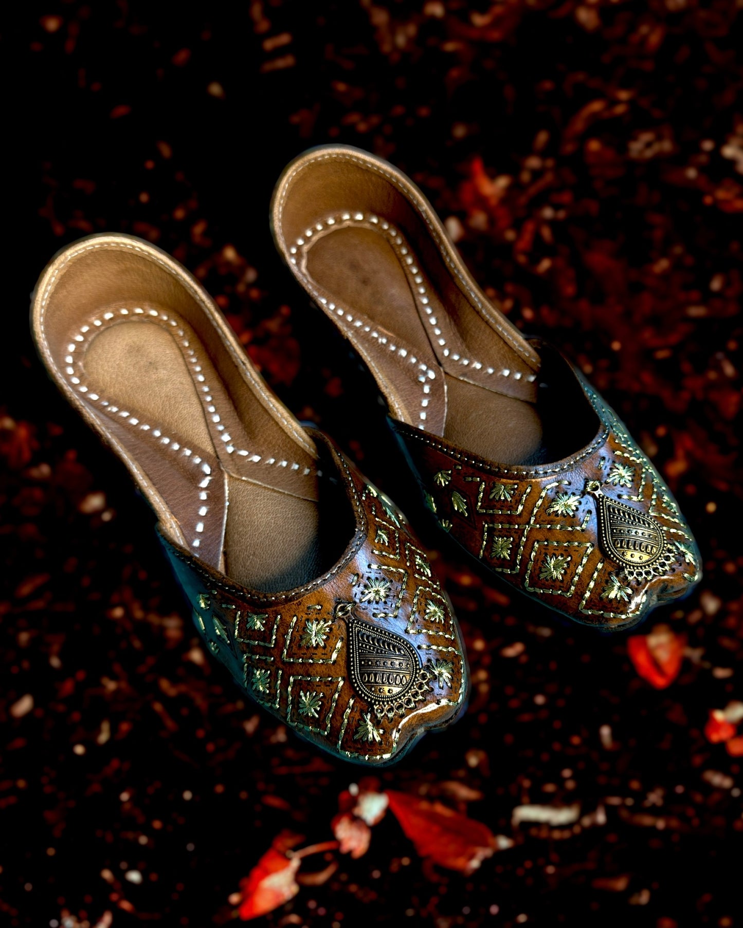 Artisanal Jutti - Brown with Mukaish Work, Pear Design (Pure Leather)