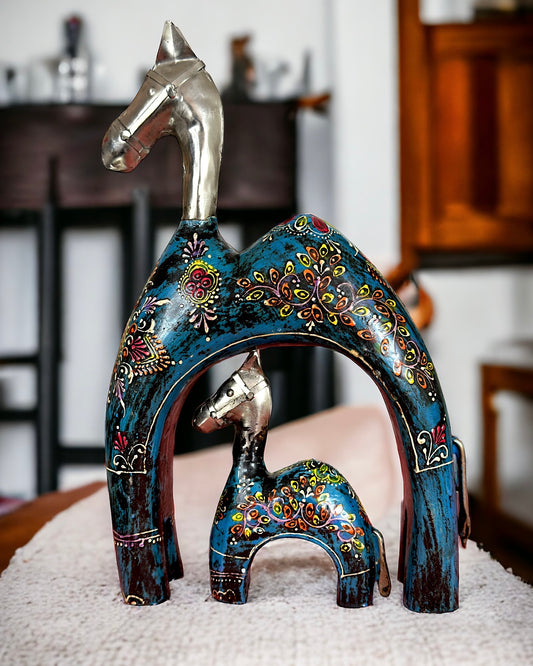 Artisanal - Camel and Calf Set. Hand-painted Wooden Base and Metal Body