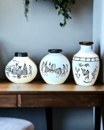 Handmade Terracota Warli Painted Pot Set - 3 Pieces