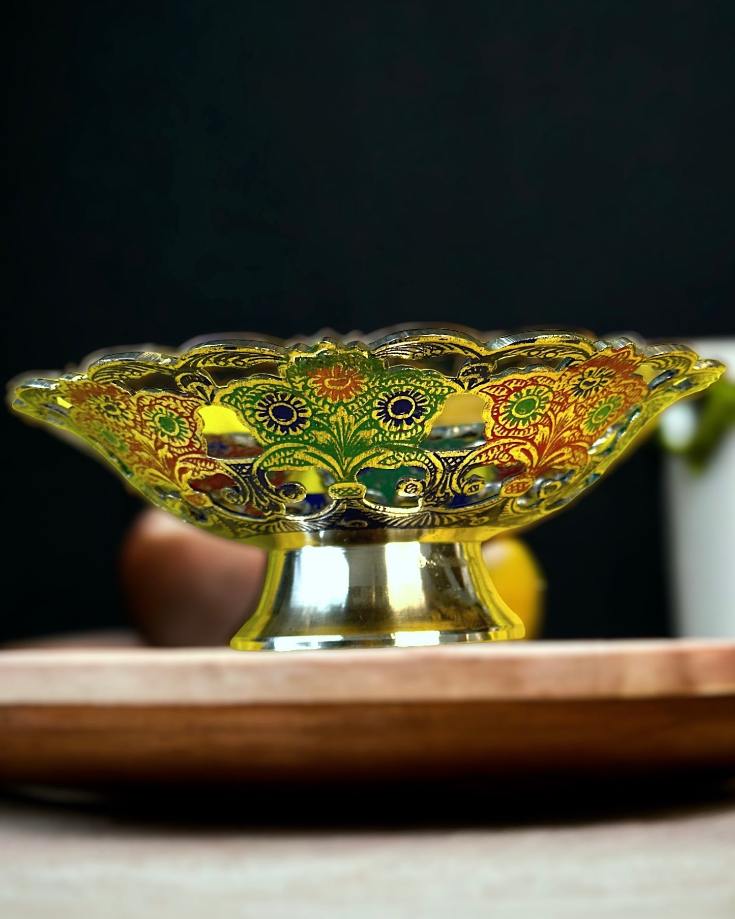 Brass Antique Finish Bowl with Cutwork and Meenakari Work (inside and outside) - 8 inches