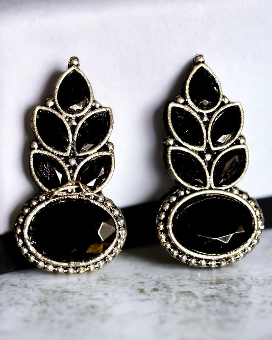 Oxidised Leaf Design Earrings - Black Stones