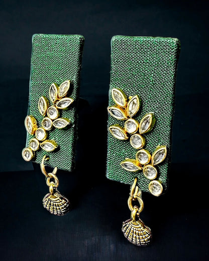 Rectangular Shaped Kundan Work Earrings Green Fabric