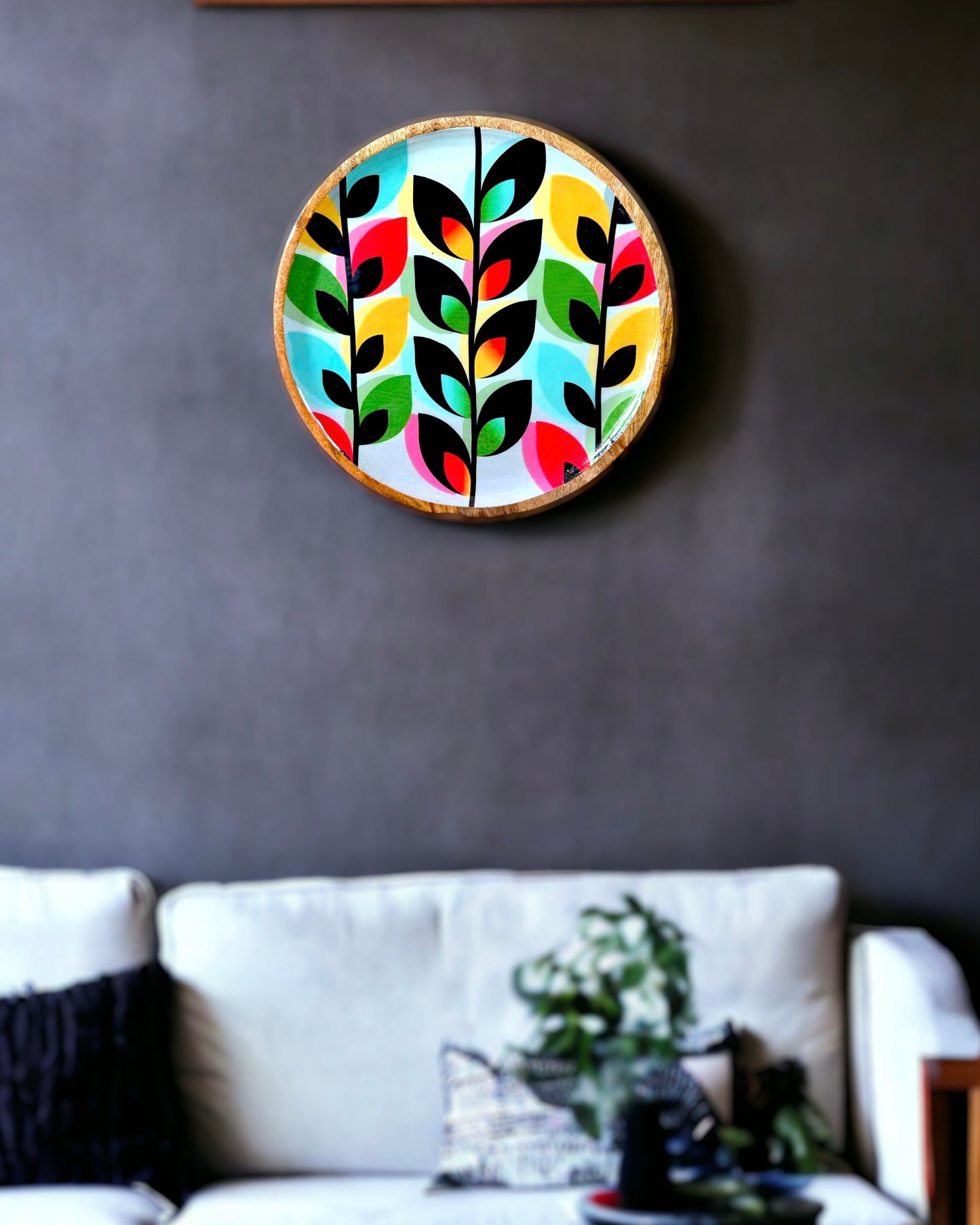 Multicoloured Leaf Pattern Mango Wood Wall Decor Plate - 12 inches