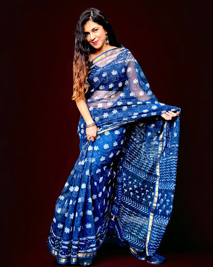 Handblock Kota Doria Saree in Indigo Blue