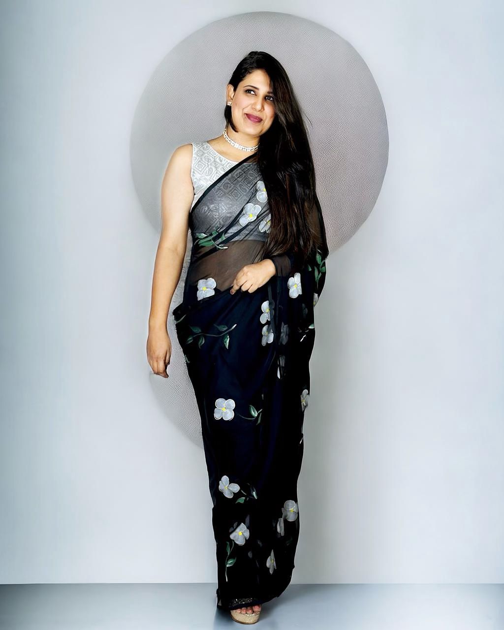 Hand Painted Chiffon Designer Saree - Black with White Flowers with Blouse Piece