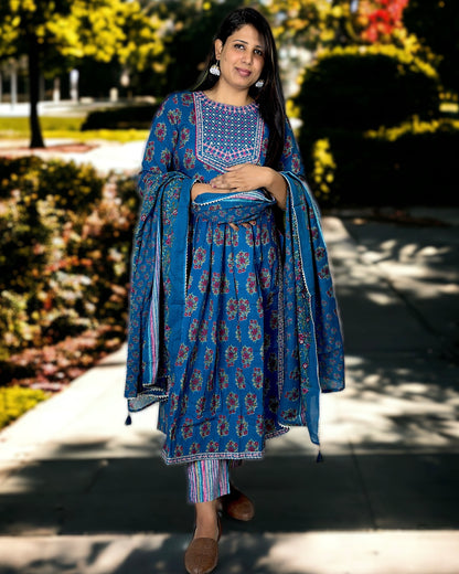 Anarkali Handblock Print 3 Piece Suit with Striped Pants and Cotton Dupatta