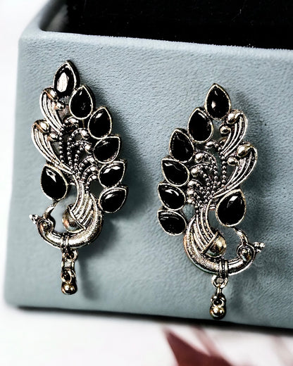 Oxidised Peacock Earrings with Black Stones