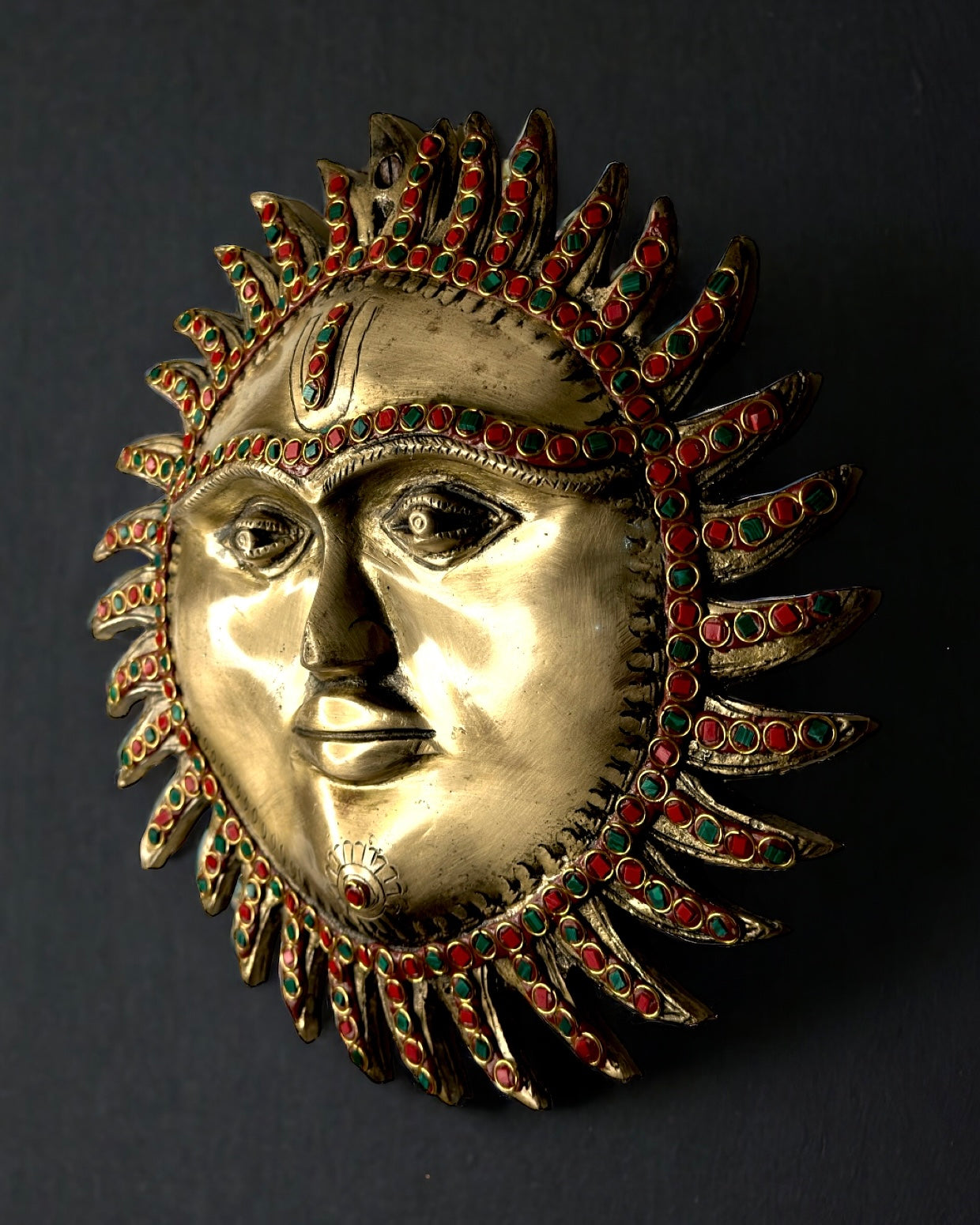 Brass Sun (Surya Deva) Face, Antique Finish with Stone Work Wall Hanging - 11 inches