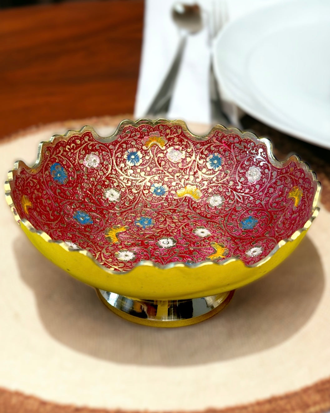 Brass Bowl with Cutwork and Meenakari Work, Red Colour - 8 inches